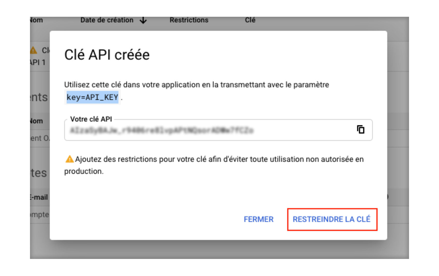 Restreindre la clé API Google Maps