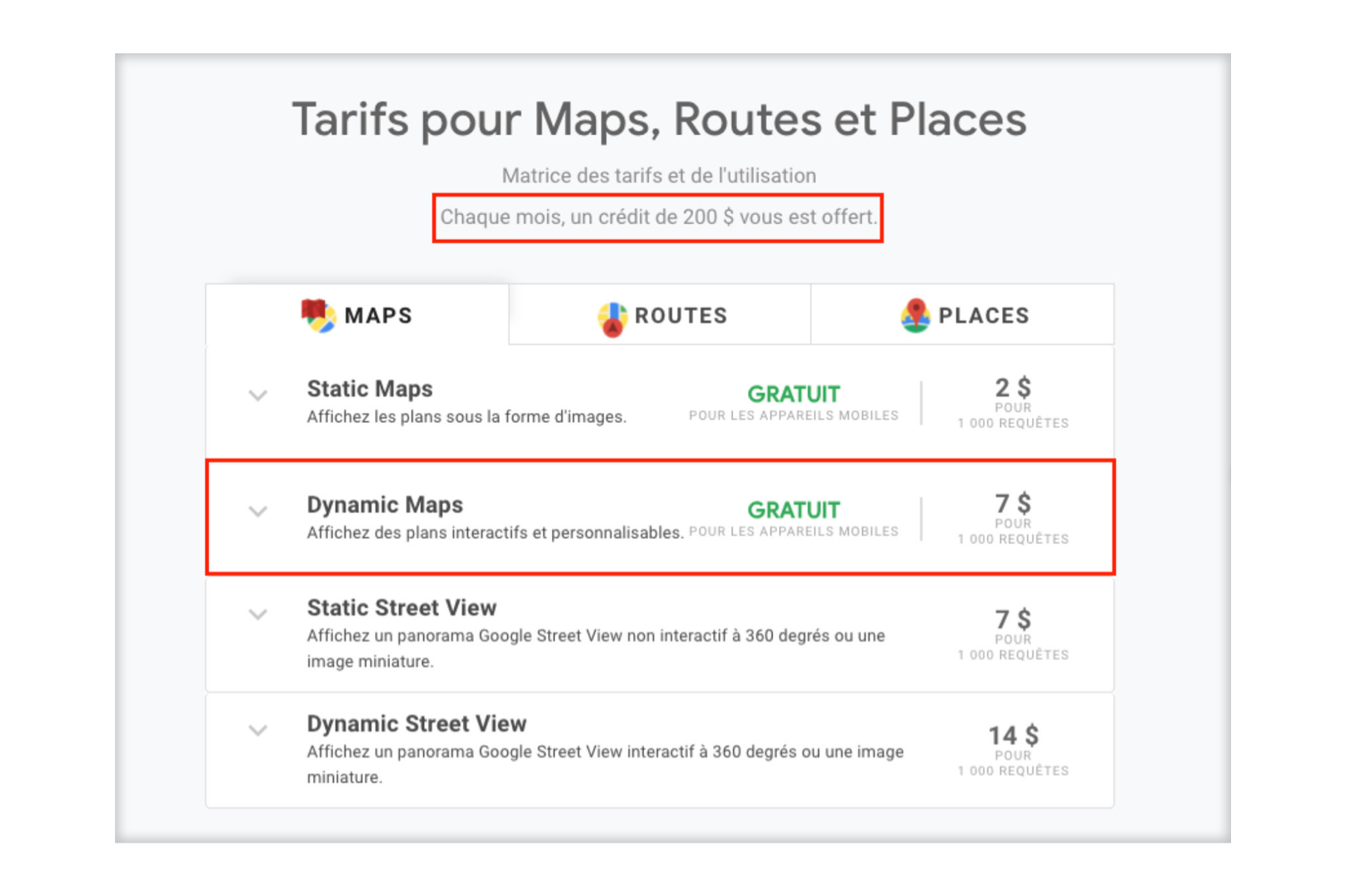 Les tarifs de la Google Map API
