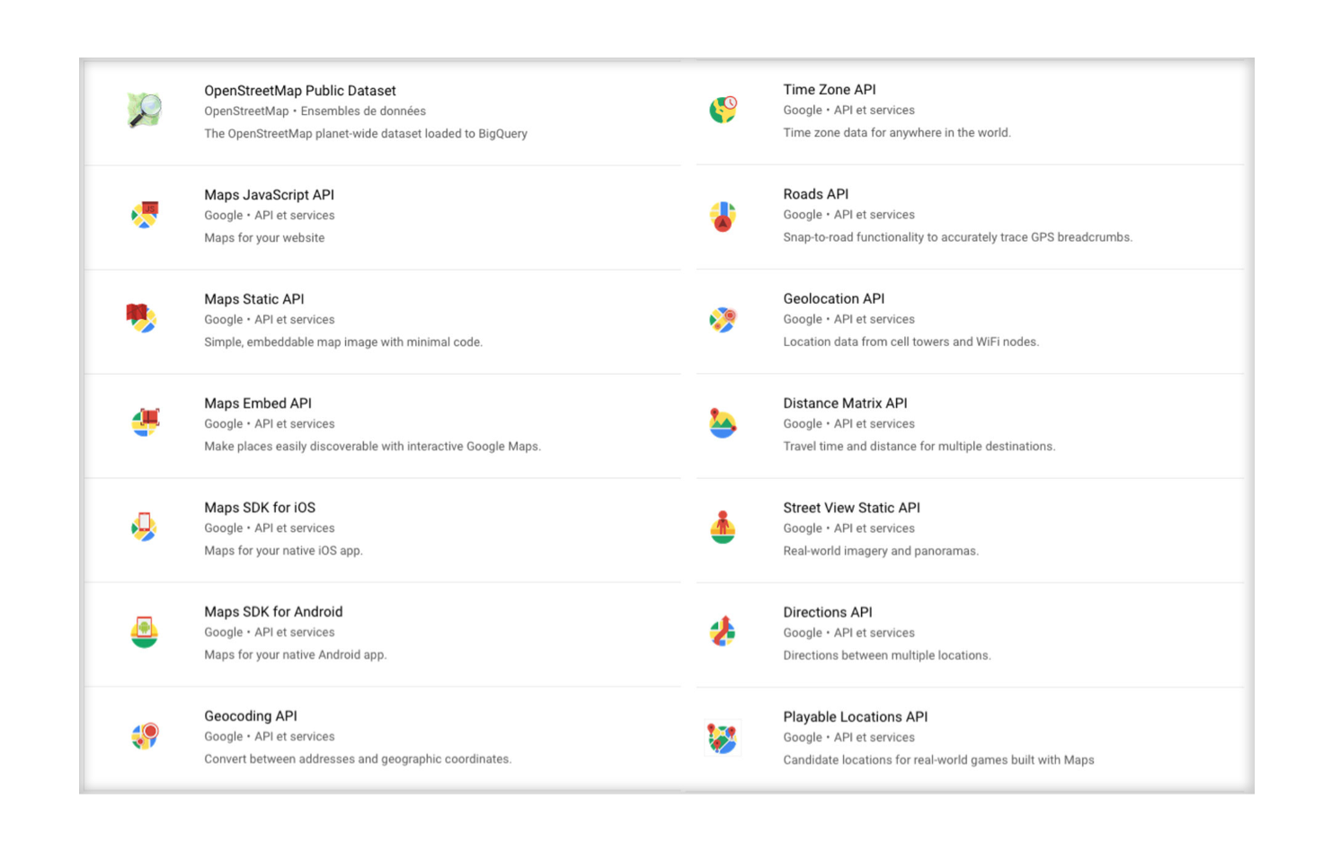 Listing des services google map : openstreetmap, maps javascript, maps embed, etc...